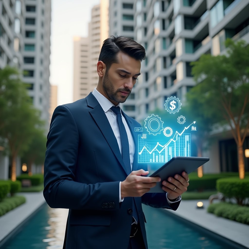 Ultra-realistic condominium manager in a tailored navy suit, set in a modern luxury condominium environment with high-rise buildings and lush green landscaping, examining a holographic cost-reduction chart projected from a tablet, confident and analytical expression, floating icons of currency symbols and gears symbolizing maintenance and services, cinematic lighting, shallow depth of field, highly detailed textures, realistic skin, photographic realism, 8k resolution --ar 1:1 --v 6