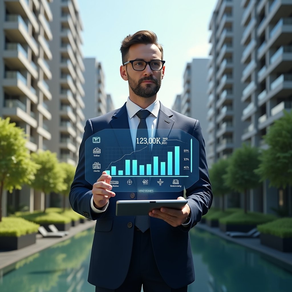 Ultra-realistic property manager in a tailored navy suit, set in a modern luxury condominium environment with high-rise buildings and lush green landscaping, confidently analyzing a holographic financial chart displaying cost-saving graphs and contract icons, cinematic lighting, shallow depth of field, highly detailed textures, realistic skin, photographic realism, 8k resolution --ar 1:1 --v 6