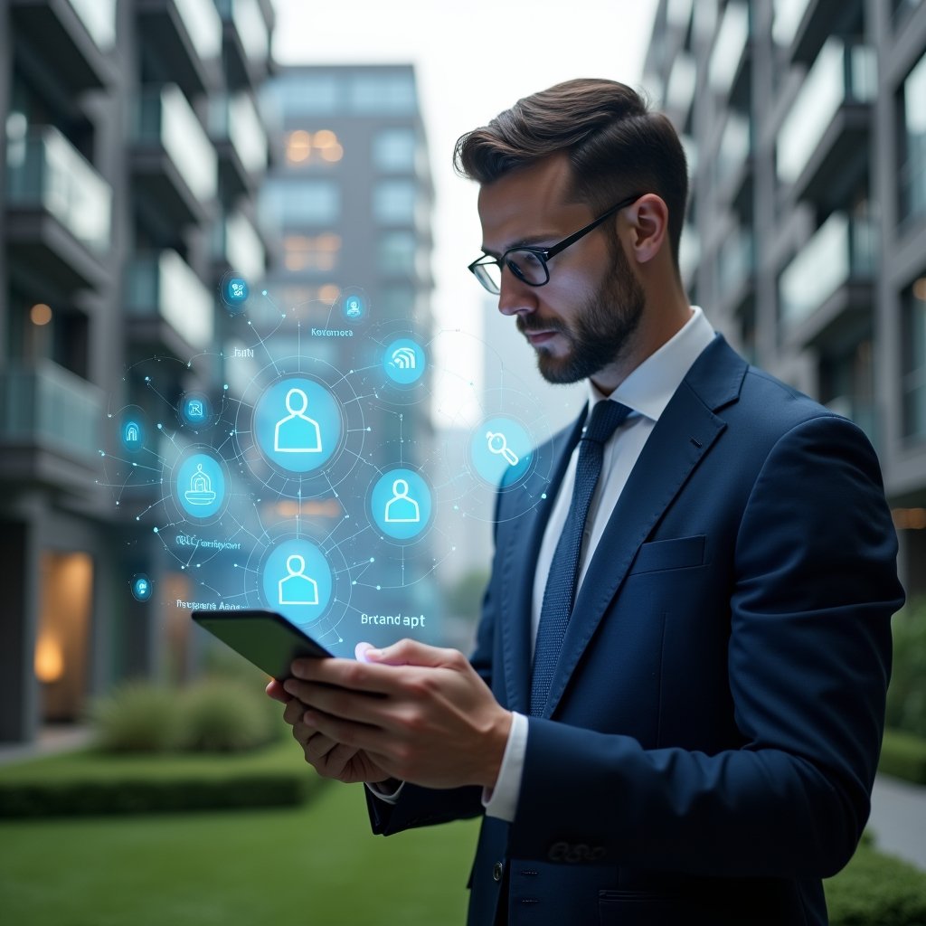 (Ultra-realistic professional condominium manager in a navy blue tailored suit, set in a modern luxury condominium environment with high-rise buildings and manicured green landscaping, holding a tablet projecting a holographic interface of communication icons and conflict-resolution charts, confidently analyzing data, symbolic chat bubbles floating around, cinematic lighting, shallow depth of field, highly detailed textures, realistic skin, photographic realism, 8k resolution --ar 1:1 --v 6)