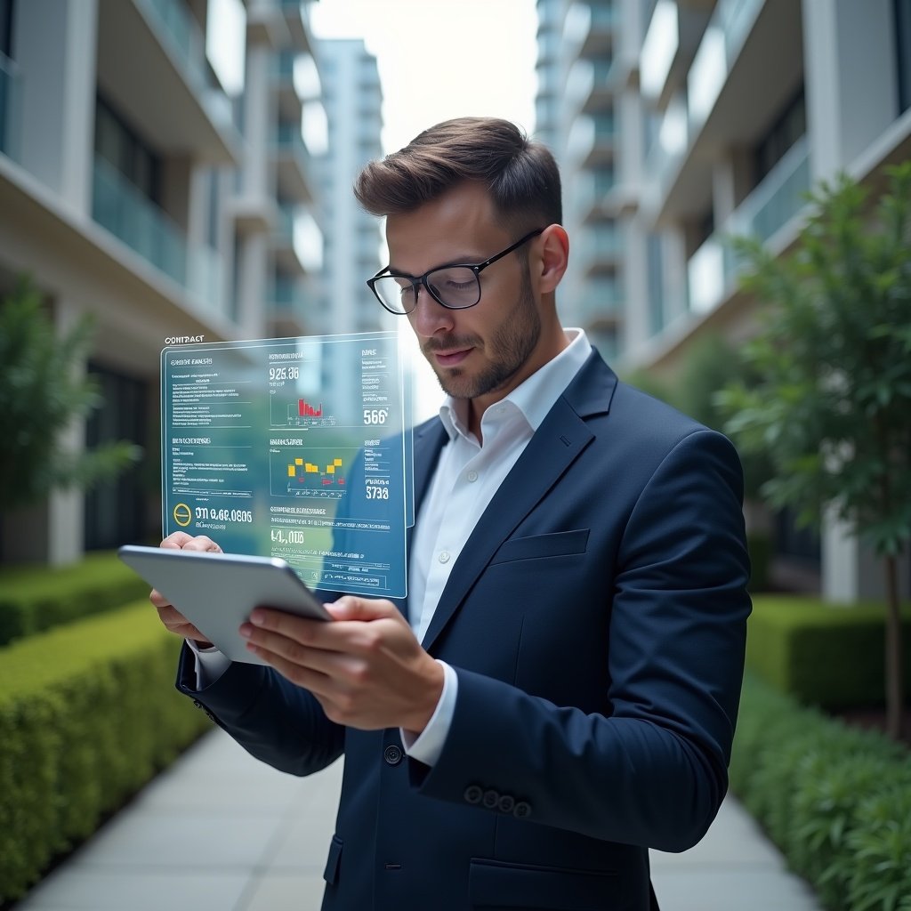Ultra-realistic condominium manager in a navy suit, set in a modern luxury condominium environment with high-rise buildings and manicured gardens, analyzing holographic financial charts projected above a tablet with a focused, confident expression, floating icons of budget reduction and contract documents, cinematic lighting, shallow depth of field, highly detailed textures, realistic skin, photographic realism, 8k resolution --ar 1:1 --v 6
