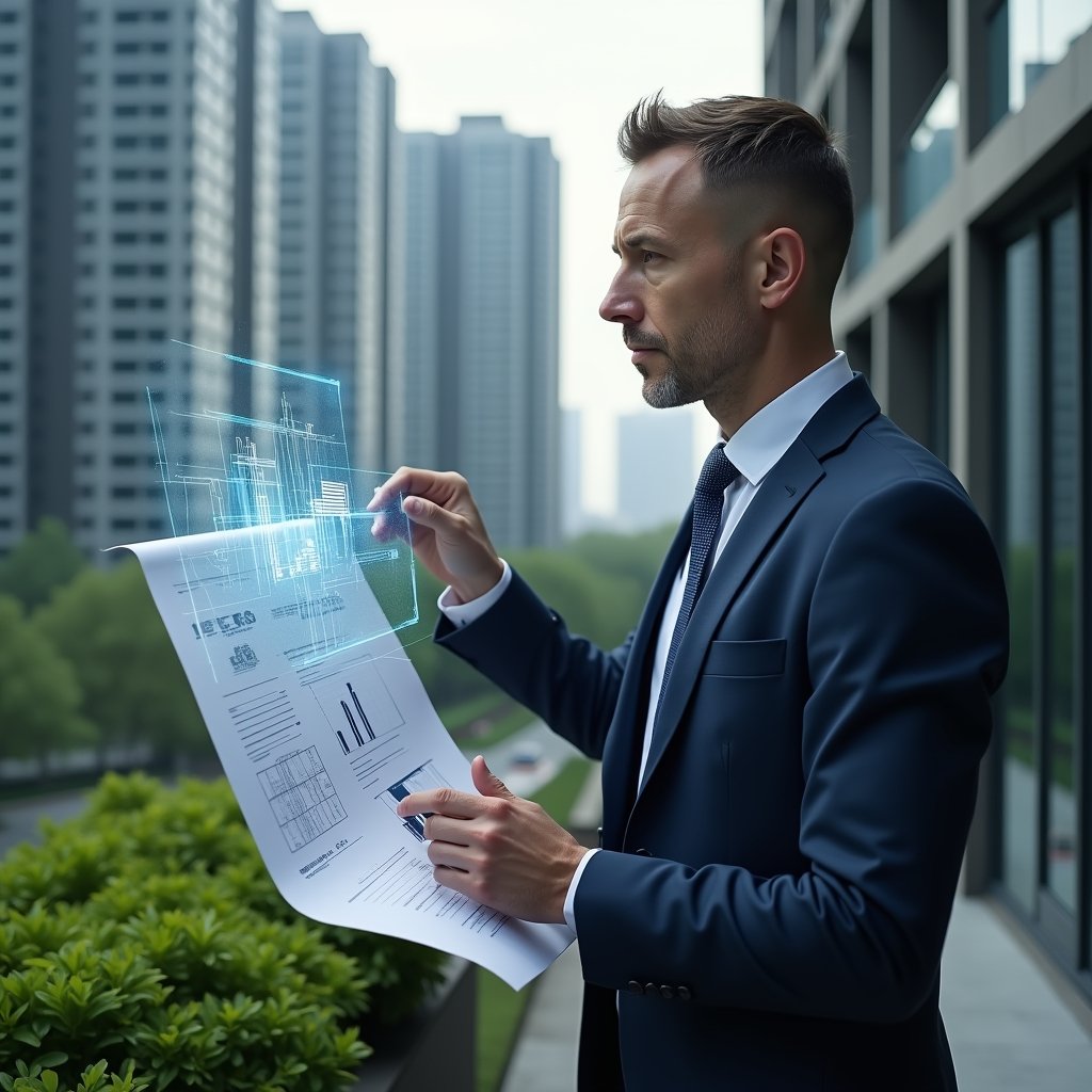 (Ultra-realistic condominium manager in a navy executive suit, set in a modern luxury condominium environment with high-rise buildings and manicured green landscaping, analyzing a holographic blueprint and cost-reduction graphs floating beside them, confident and analytical expression, cinematic lighting, shallow depth of field, highly detailed textures, realistic skin, photographic realism, 8k resolution --ar 1:1 --v 6)