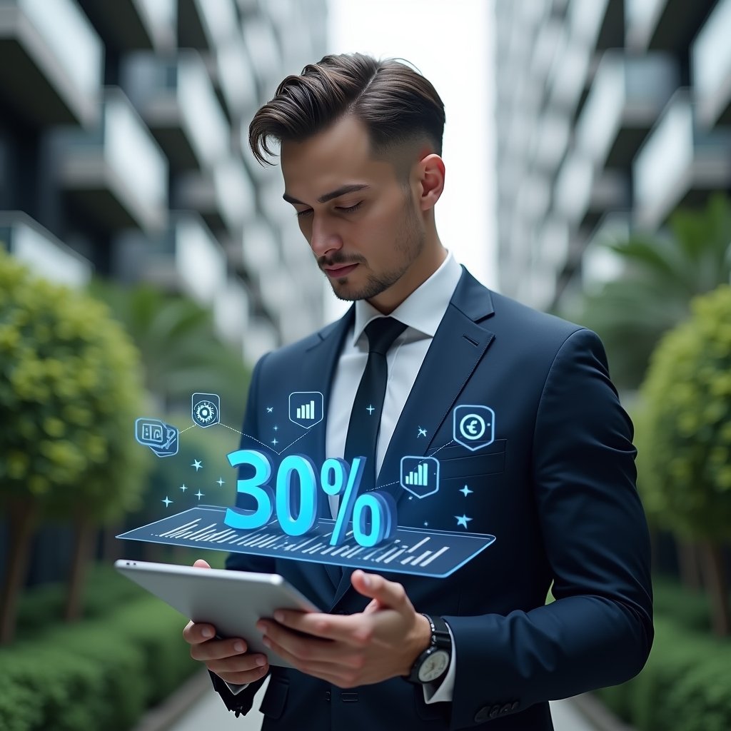 Ultra-realistic condominium manager in a tailored navy suit, set in a modern luxury condominium environment with high-rise buildings and lush green landscaping, holding a tablet displaying a holographic 30% cost-reduction chart, surrounded by floating icons of graphs, gears and currency symbols, confident and thoughtful expression, cinematic lighting, shallow depth of field, highly detailed textures, realistic skin, photographic realism, 8k resolution --ar 1:1 --v 6