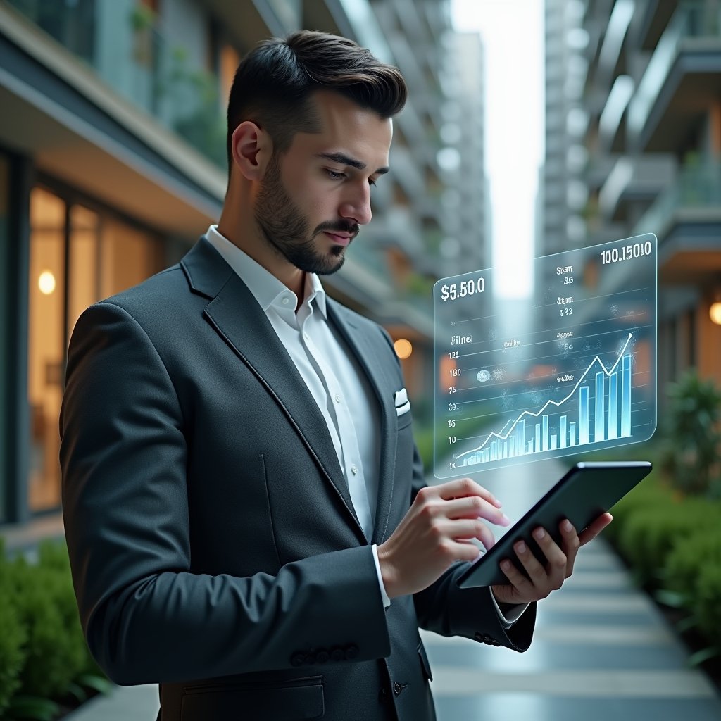 Ultra-realistic condominium manager in a charcoal gray suit, set in a modern luxury condominium environment with high-rise buildings and lush green landscaping, holding a holographic tablet displaying charts of declining interest and fines, confidently analyzing digital graphs, holographic icons of coins and percentage symbols floating around, cinematic lighting, shallow depth of field, highly detailed textures, realistic skin, photographic realism, 8k resolution --ar 1:1 --v 6