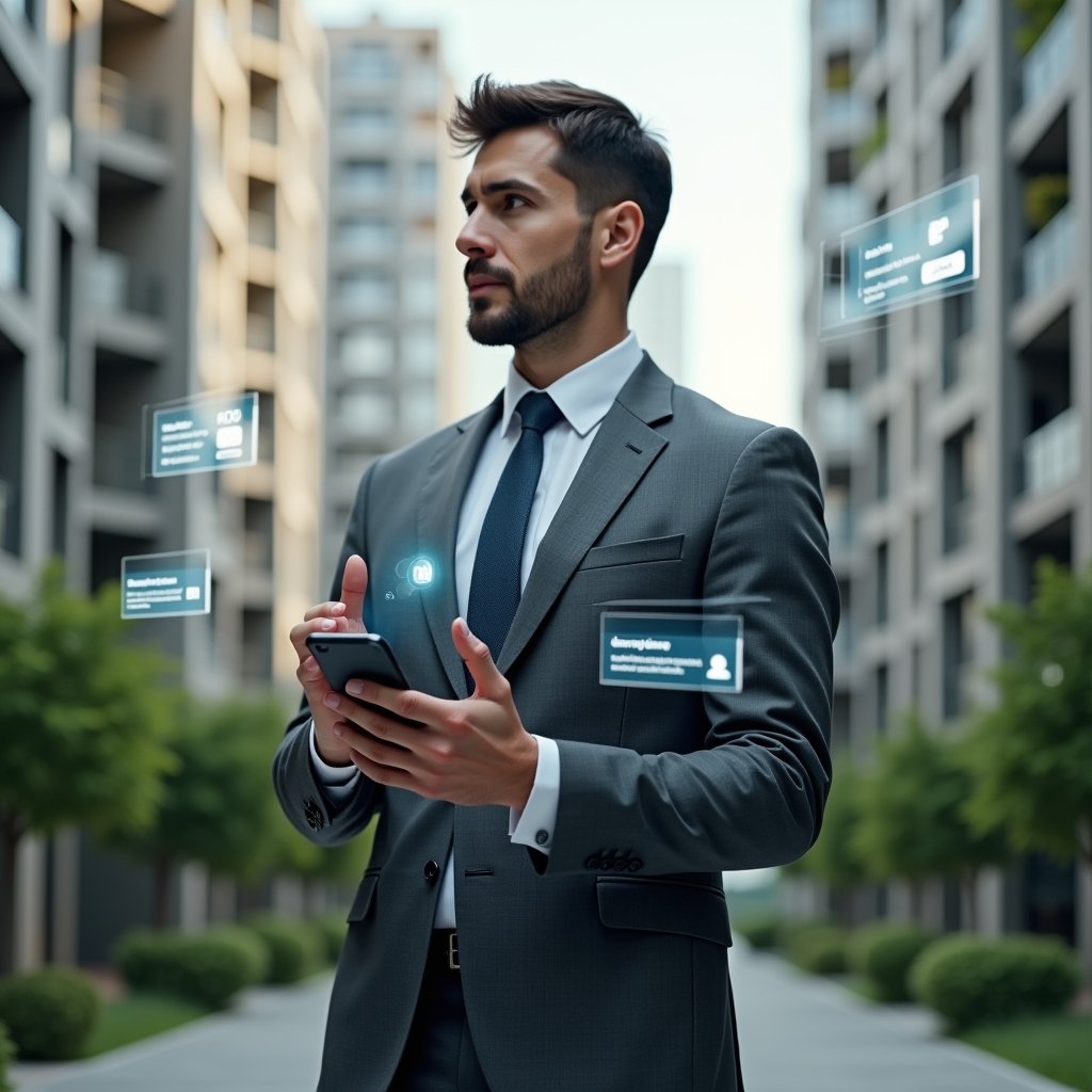 Ultra-realistic condominium manager in a charcoal gray tailored suit, set in a modern luxury condominium environment with high-rise buildings and meticulously landscaped greenery, holding a smartphone and gesturing thoughtfully as holographic chat bubbles and notification icons float beside them, cinematic lighting, shallow depth of field, highly detailed textures, realistic skin, photographic realism, 8k resolution --ar 1:1 --v 6