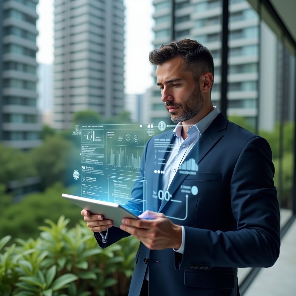 (Ultra-realistic condominium manager in a navy executive suit, set in a modern luxury condominium environment with high-rise buildings and lush green landscaping, holding a transparent tablet displaying a floating holographic dashboard of an aplicativo de gestão, confidently analyzing digital charts and notifications, with semi-transparent icons of visitors, maintenance and finance hovering around, cinematic lighting, shallow depth of field, highly detailed textures, realistic skin, photographic realism, 8k resolution --ar 1:1 --v 6)
