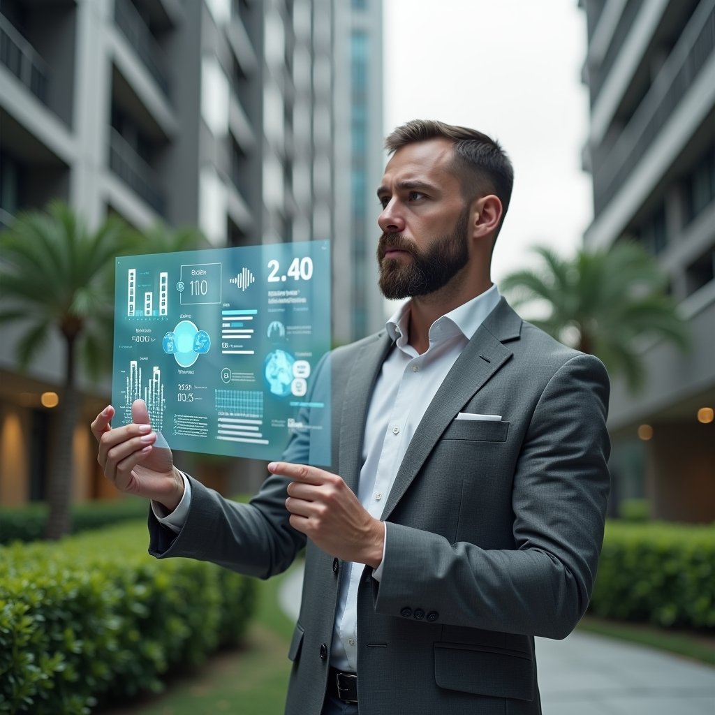 (Ultra-realistic condominium manager in a tailored gray suit, set in a modern luxury condominium environment with high-rise buildings and manicured green landscaping, reviewing a holographic financial dashboard with floating expense charts and savings icons, confident and focused expression, cinematic lighting, shallow depth of field, highly detailed textures, realistic skin, photographic realism, 8k resolution --ar 1:1 --v 6)