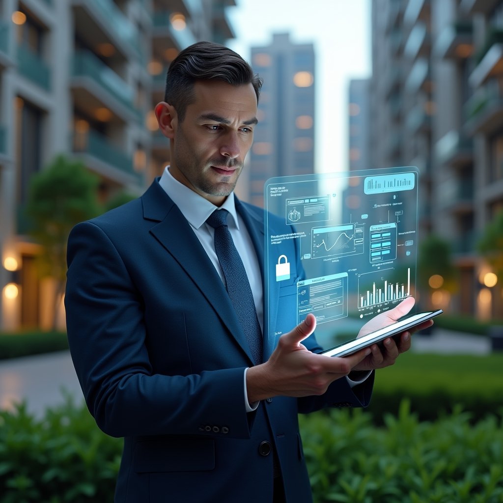 Ultra-realistic condominium manager in a tailored dark blue suit, set in a modern luxury condominium environment with high-rise buildings and lush green landscaping, holding a digital tablet displaying floating holographic financial charts, message bubbles and reservation calendars, confidently tapping the screen to automate tasks, cinematic lighting, shallow depth of field, highly detailed textures, realistic skin, photographic realism, 8k resolution --ar 1:1 --v 6