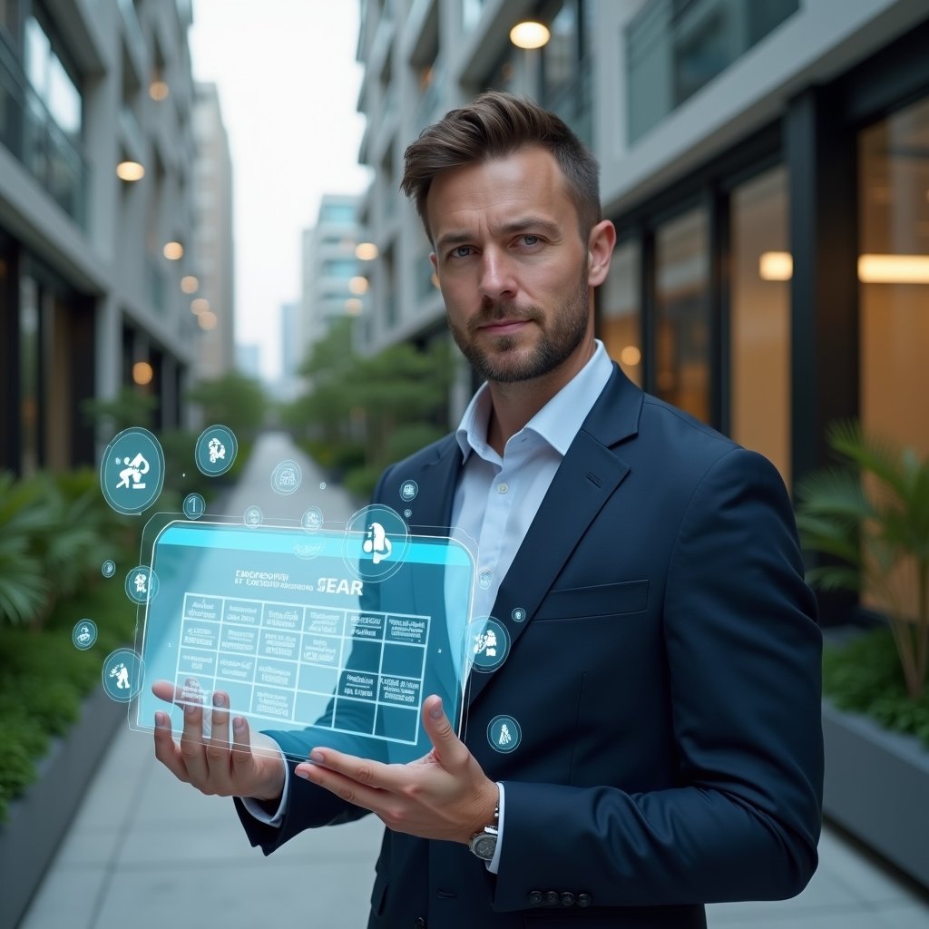 Ultra-realistic condominium manager in a navy suit, set in a modern luxury condominium environment with high-rise buildings and green landscaping, holding a transparent holographic calendar displaying scheduled tasks, looking confident and focused, with floating icons of maintenance tools and assembly notifications around the hologram, cinematic lighting, shallow depth of field, highly detailed textures, realistic skin, photographic realism, 8k resolution --ar 1:1 --v 6