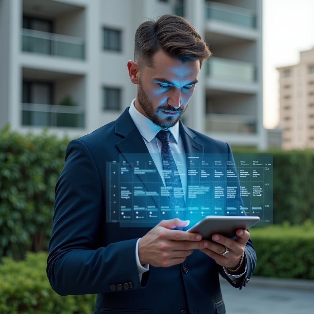 (Ultra-realistic condominium manager in a navy-blue suit, set in a modern luxury condominium environment with high-rise buildings and manicured green landscaping, holding a tablet projecting a holographic activity schedule with calendar icons, reviewing the timeline with a confident, focused expression, cinematic lighting, shallow depth of field, highly detailed textures, realistic skin, photographic realism, 8k resolution --ar 1:1 --v 6)