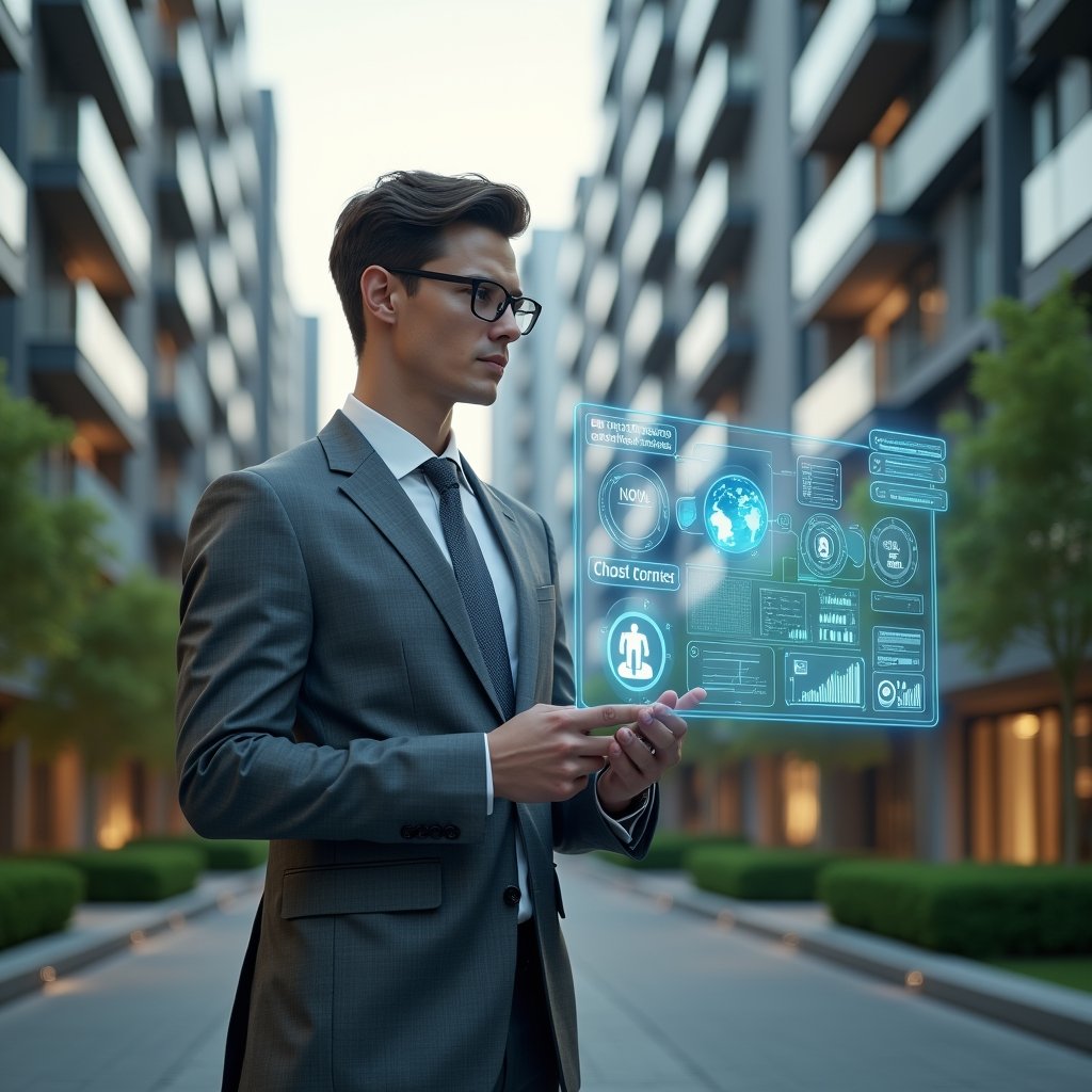 (Ultra-realistic condominium manager in a tailored gray suit, set in a modern luxury condominium environment with high-rise buildings and manicured green landscaping, reviewing a floating holographic dashboard displaying financial charts, access control icons, and chat bubbles, confident expression, cinematic lighting, shallow depth of field, highly detailed textures, realistic skin, photographic realism, 8k resolution --ar 1:1 --v 6)