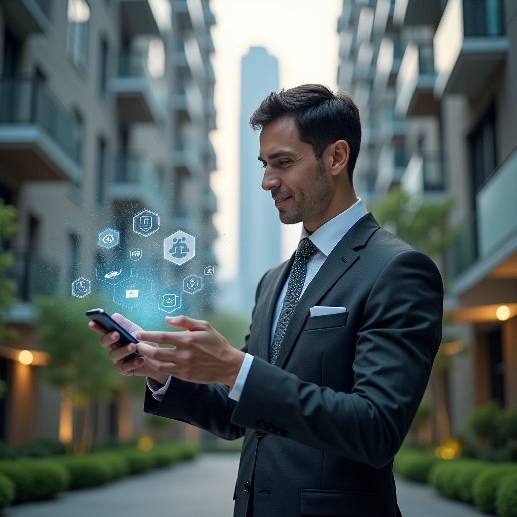(Ultra-realistic condominium manager in a tailored dark gray suit, set in a modern luxury condominium environment with high-rise buildings and manicured green landscaping, holding a smartphone projecting holographic app icons side by side to compare interfaces, confident and focused expression, cinematic lighting, shallow depth of field, highly detailed textures, realistic skin, photographic realism, 8k resolution --ar 1:1 --v 6)
