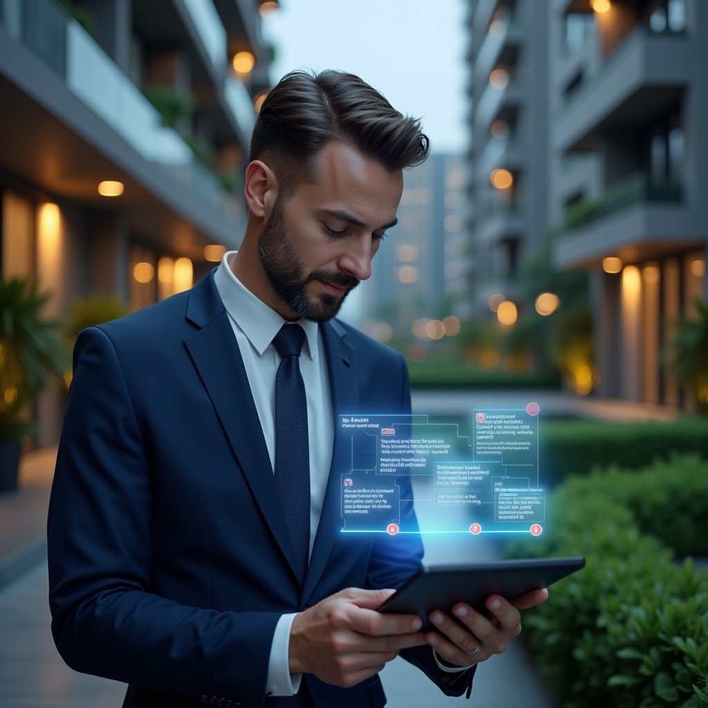 Ultra-realistic condominium manager in a navy blue suit, set in a modern luxury condominium environment with high-rise buildings and green landscaping, examining a holographic 5-step timeline schedule floating above a tablet, confident and focused expression, glowing calendar icons and task markers representing optimized processes and shared responsibilities, cinematic lighting, shallow depth of field, highly detailed textures, realistic skin, photographic realism, 8k resolution --ar 1:1 --v 6