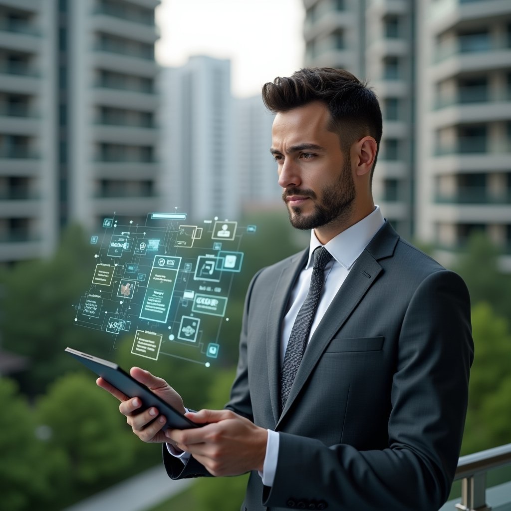 Ultra-realistic condominium manager in a dark gray suit, set in a modern luxury condominium environment with high-rise buildings and lush green landscaping, medium close-up of the manager holding a tablet displaying a holographic calendar and schedule icons, confident and focused expression, floating holographic task symbols around, cinematic lighting, shallow depth of field, highly detailed textures, realistic skin, photographic realism, 8k resolution --ar 1:1 --v 6
