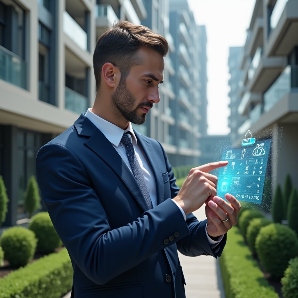 Ultra-realistic condominium manager in a navy blue tailored suit, set in a modern luxury condominium environment with high-rise buildings and manicured green landscaping, reviewing a floating holographic calendar and pointing to a highlighted task on the schedule, holographic icons of cleaning tools and maintenance equipment surrounding him, confident expression, cinematic lighting, shallow depth of field, highly detailed textures, realistic skin, photographic realism, 8k resolution --ar 1:1 --v 6