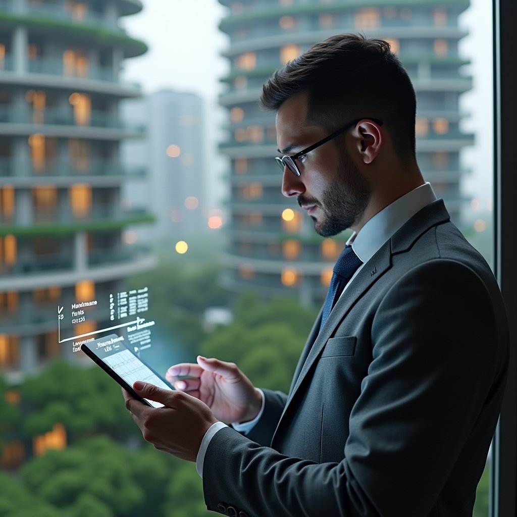 Ultra-realistic condominium manager in a charcoal gray suit, set in a modern luxury condominium environment with high-rise buildings and lush green landscaping, examining a holographic calendar timeline projected from a tablet, displaying scheduled maintenance tasks and reminders, cinematic lighting, shallow depth of field, highly detailed textures, realistic skin, photographic realism, 8k resolution --ar 1:1 --v 6