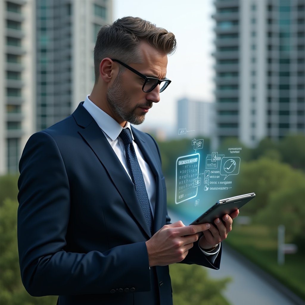 (Ultra-realistic condominium manager in a navy executive suit, set in a modern luxury condominium environment with high-rise buildings and meticulously landscaped greenery, analyzing a holographic calendar projected from a sleek tablet displaying icons for cleaning, maintenance and assembly meetings, confident and focused expression, cinematic lighting, shallow depth of field, highly detailed textures, realistic skin, photographic realism, 8k resolution --ar 1:1 --v 6)
