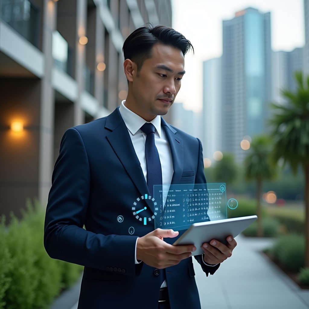 (Ultra-realistic condominium manager in a tailored navy blue suit, set in a modern luxury condominium environment with high-rise buildings and manicured green landscaping, holding a tablet displaying a holographic calendar of monthly, quarterly, and annual tasks, confidently reviewing the schedule, subtle floating icons of checkmarks and clocks around them, cinematic lighting, shallow depth of field, highly detailed textures, realistic skin, photographic realism, 8k resolution --ar 1:1 --v 6)