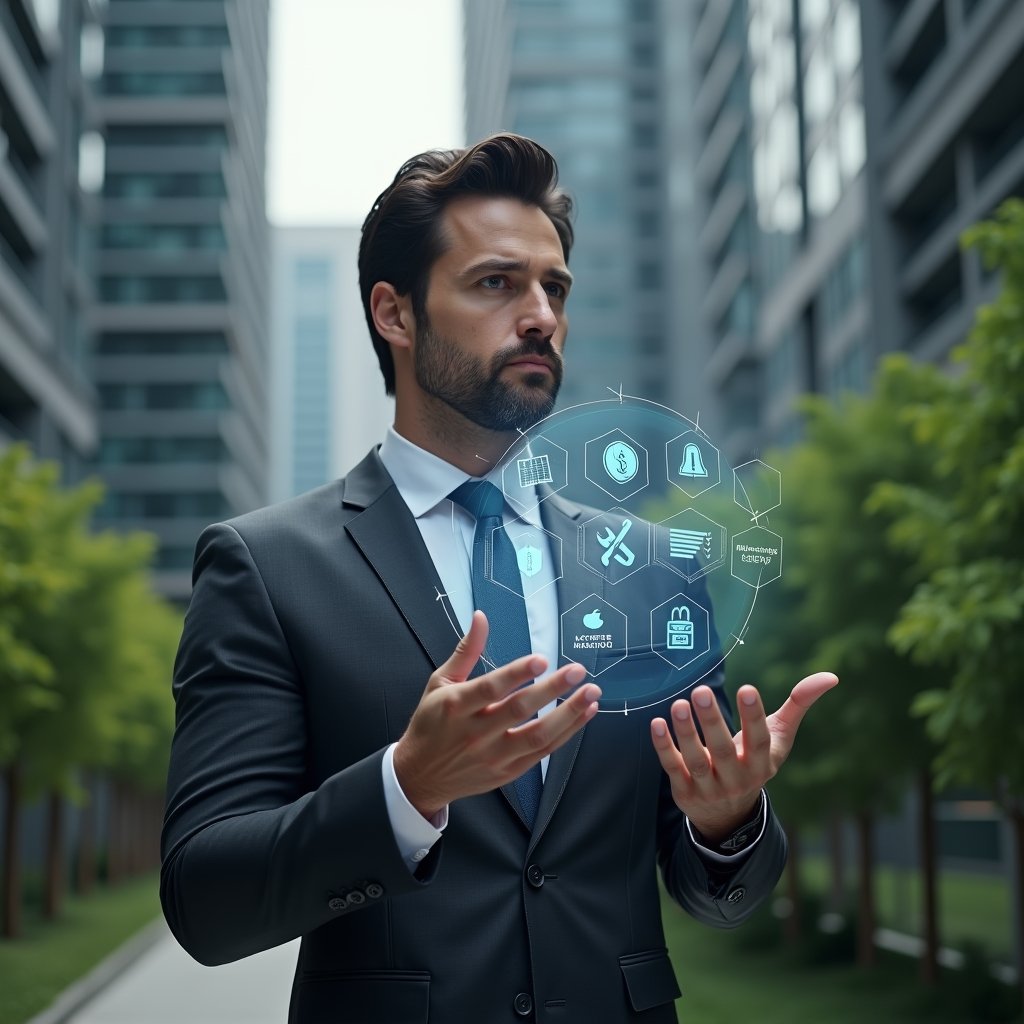 Ultra-realistic condominium manager in a dark gray suit, set in a modern luxury condominium environment with high-rise buildings and lush green landscaping, analyzing a holographic interface of condo management app icons (calendar reservation, maintenance wrench, financial chart, notification bell, security shield, voting ballot, analytics dashboard) floating before him, thoughtful and confident expression, cinematic lighting, shallow depth of field, highly detailed textures, realistic skin, photographic realism, 8k resolution --ar 1:1 --v 6