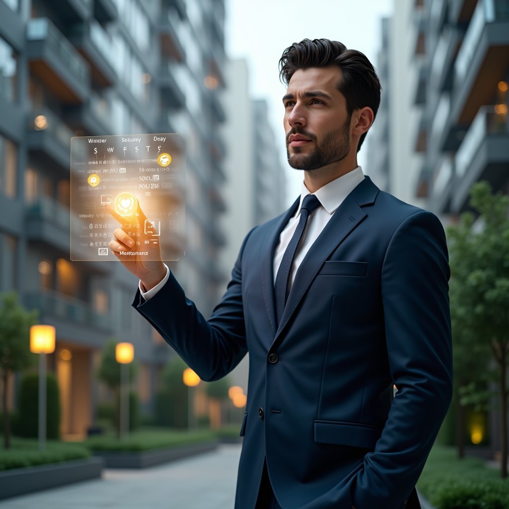 Ultra-realistic condominium manager in a tailored navy suit, set in a modern luxury condominium environment with high-rise buildings and meticulously landscaped gardens, pointing at a floating holographic weekly schedule with icons for cleaning, security and maintenance, confident and focused expression, cinematic lighting, shallow depth of field, highly detailed textures, realistic skin, photographic realism, 8k resolution --ar 1:1 --v 6