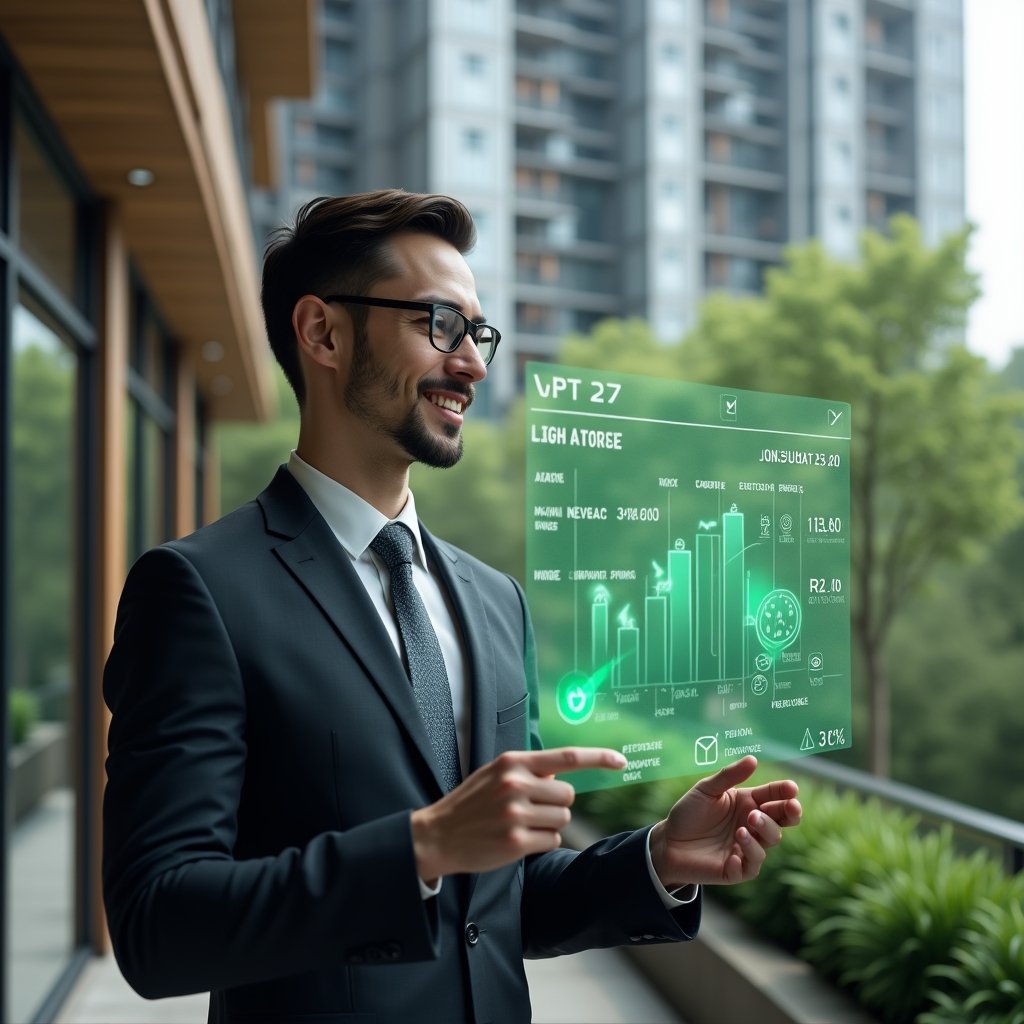 (Ultra-realistic condominium manager in a tailored charcoal suit, set in a modern luxury condominium environment with high-rise buildings and manicured greenery, mid-shot with shallow depth of field, confidently reviewing a holographic budget chart displaying green check marks and expense breakdowns, symbolic floating icons of coins and approval stamps, cinematic lighting, highly detailed textures, realistic skin, photographic realism, 8k resolution --ar 1:1 --v 6)