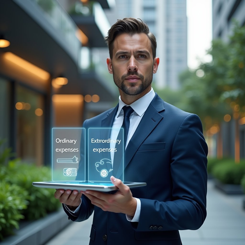 Ultra-realistic condominium manager in a navy blue tailored suit, set in a modern luxury condominium environment with high-rise buildings and manicured green landscaping, close-up mid-shot of the manager holding a transparent digital tablet displaying two columns labeled “ordinary expenses” and “extraordinary expenses,” holographic icons of coins and a wrench floating beside the tablet, analytical and confident expression, cinematic lighting, shallow depth of field, highly detailed textures, realistic skin, photographic realism, 8k resolution --ar 1:1 --v 6