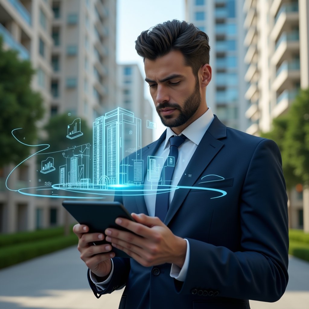 (Ultra-realistic condominium manager in a tailored navy suit, set in a modern luxury condominium environment with high-rise buildings and manicured green landscaping, holding a digital tablet displaying a holographic condominium management app interface, analyzing data with a confident expression, floating icons of building, checklist and wireless signal around, cinematic lighting, shallow depth of field, highly detailed textures, realistic skin, photographic realism, 8k resolution --ar 1:1 --v 6)