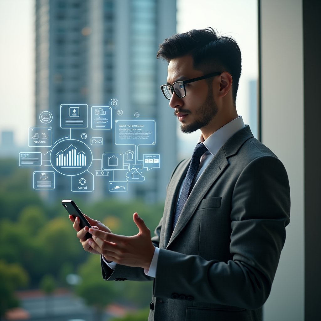 Ultra-realistic professional condo manager in a charcoal gray suit, set in a modern luxury condominium environment with high-rise buildings and lush green landscaping, examining a floating holographic interface of app icons displaying finance charts, reservation calendar and notification alerts, holding a smartphone projecting interactive UI elements, cinematic lighting, shallow depth of field, highly detailed textures, realistic skin, photographic realism, 8k resolution --ar 1:1 --v 6