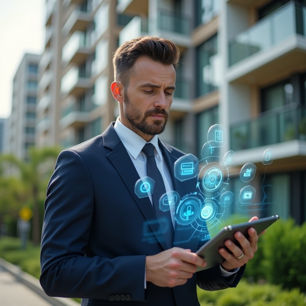 Ultra-realistic property manager in a tailored navy suit, set in a modern luxury condominium environment with high-rise buildings and lush green landscaping, holding a tablet displaying floating holographic icons of reservations, financial reports, maintenance requests and security cameras, confident and focused expression, cinematic lighting, shallow depth of field, highly detailed textures, realistic skin, photographic realism, 8k resolution --ar 1:1 --v 6
