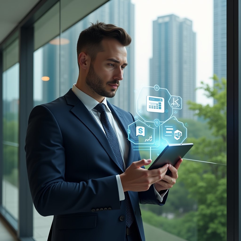 (Ultra-realistic condominium manager in a tailored navy suit, set in a modern luxury condominium environment with high-rise buildings and lush green landscaping, holding a tablet with floating holographic icons of a calendar, financial chart, security camera and chat bubble, confidently analyzing the interface, cinematic lighting, shallow depth of field, highly detailed textures, realistic skin, photographic realism, 8k resolution --ar 1:1 --v 6)