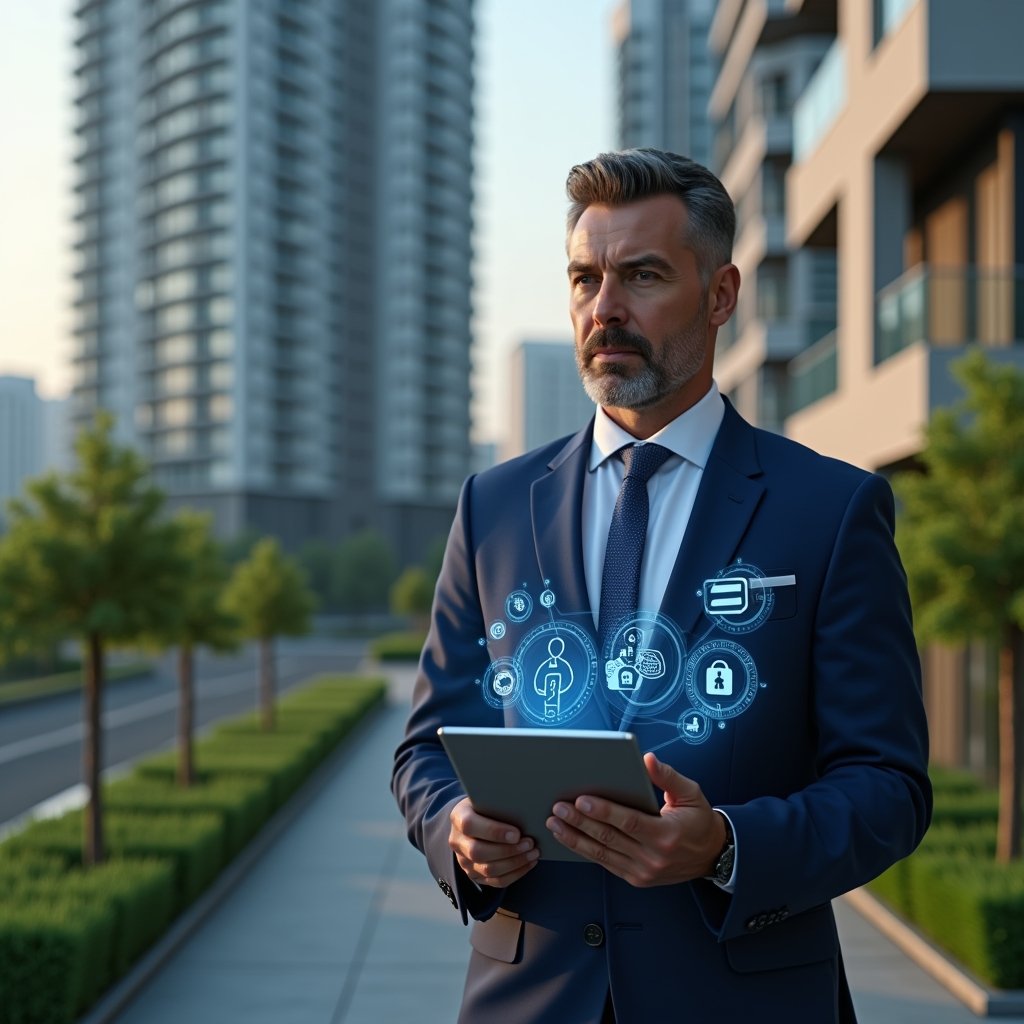 (Ultra-realistic condominium manager in a navy blue tailored suit, set in a modern luxury condominium environment with high-rise buildings and manicured green landscaping, holding a tablet displaying a holographic interface of a condo management app with icons for finances, security and communication, confidently analyzing data, cinematic lighting, shallow depth of field, highly detailed textures, realistic skin, photographic realism, 8k resolution --ar 1:1 --v 6)