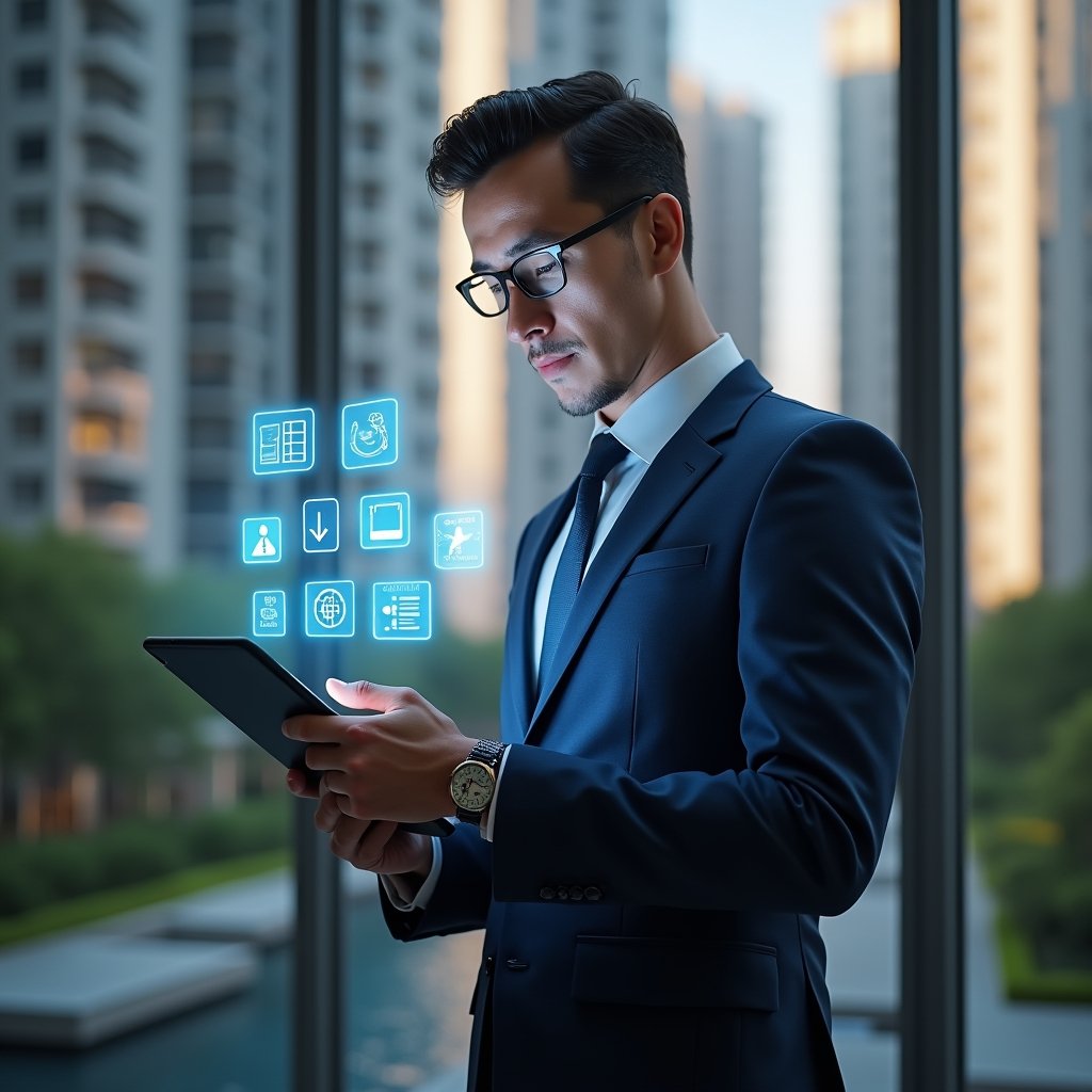 (Ultra-realistic condominium manager in a tailored navy suit, set in a modern luxury condominium environment with high-rise buildings and lush landscaping, holding a tablet displaying holographic icons of finance, chat, security, calendar and documents, confidently analyzing the digital interface, cinematic lighting, shallow depth of field, highly detailed textures, realistic skin, photographic realism, 8k resolution --ar 1:1 --v 6)