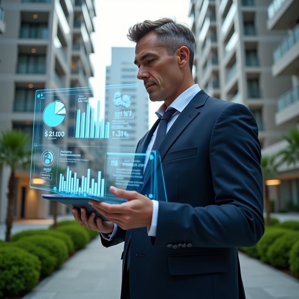 (Ultra-realistic property manager in a navy suit, set in a modern luxury condominium environment with high-rise buildings and manicured green landscaping, examining a floating holographic financial dashboard displaying pie charts and budget graphs, holographic icons of coins and ledgers floating beside, confident and focused expression, cinematic lighting, shallow depth of field, highly detailed textures, realistic skin, photographic realism, 8k resolution --ar 1:1 --v 6)