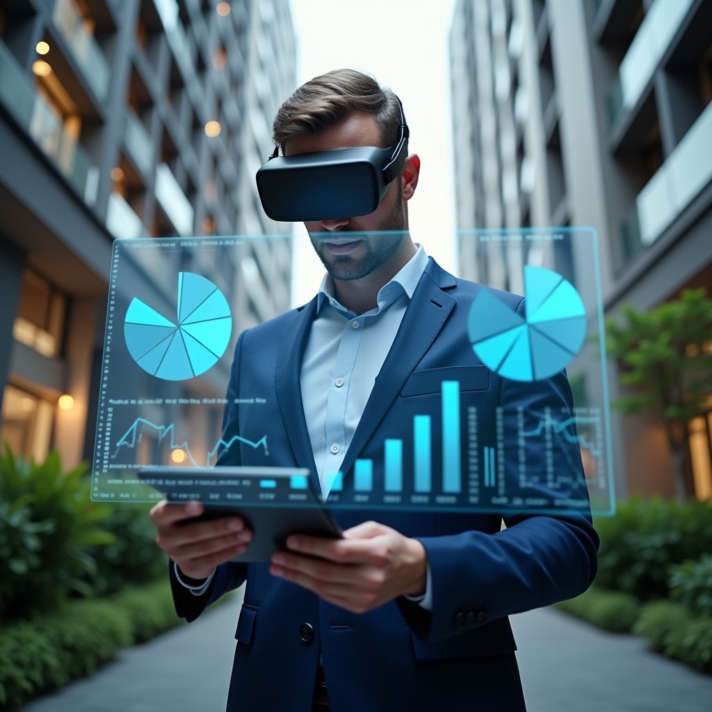 Ultra-realistic condominium manager in a navy blue suit, set in a modern luxury condominium environment with high-rise buildings and green landscaping, examining a holographic financial dashboard projected in front of him with a focused and serious expression, floating pie charts and bar graphs symbolizing transparency and accounting, cinematic lighting, shallow depth of field, highly detailed textures, realistic skin, photographic realism, 8k resolution --ar 1:1 --v 6