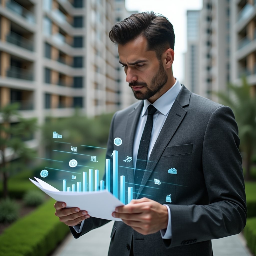 (Ultra-realistic condominium manager in a charcoal gray tailored suit, set in a modern luxury condominium environment with high-rise buildings and manicured green landscaping, reviewing financial documents with a holographic bar chart and floating icons of charts and coins, serious and focused expression, cinematic lighting, shallow depth of field, highly detailed textures, realistic skin, photographic realism, 8k resolution --ar 1:1 --v 6)
