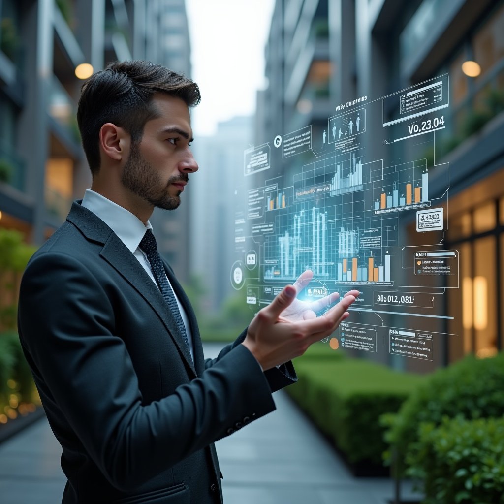 (Ultra-realistic condominium manager in a tailored dark gray suit, set in a modern luxury condominium environment with high-rise buildings and manicured green landscaping, examining a floating holographic dashboard of financial charts and maintenance schedules with a confident, thoughtful expression, semi-transparent icons of building, calendar, and checklist circling around, cinematic lighting, shallow depth of field, highly detailed textures, realistic skin, photographic realism, 8k resolution --ar 1:1 --v 6)