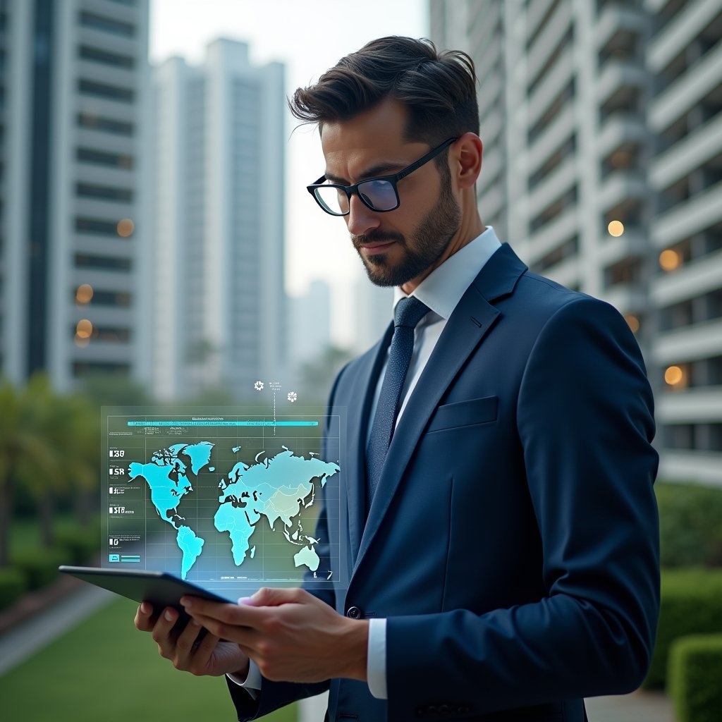 (Ultra-realistic condominium manager in a navy executive suit, set in a modern luxury condominium environment with high-rise buildings and meticulously landscaped greenery, reviewing holographic financial charts projected from a tablet, icons of transparency and ledger symbols floating around, confident and focused expression, cinematic lighting, shallow depth of field, highly detailed textures, realistic skin, photographic realism, 8k resolution --ar 1:1 --v 6)