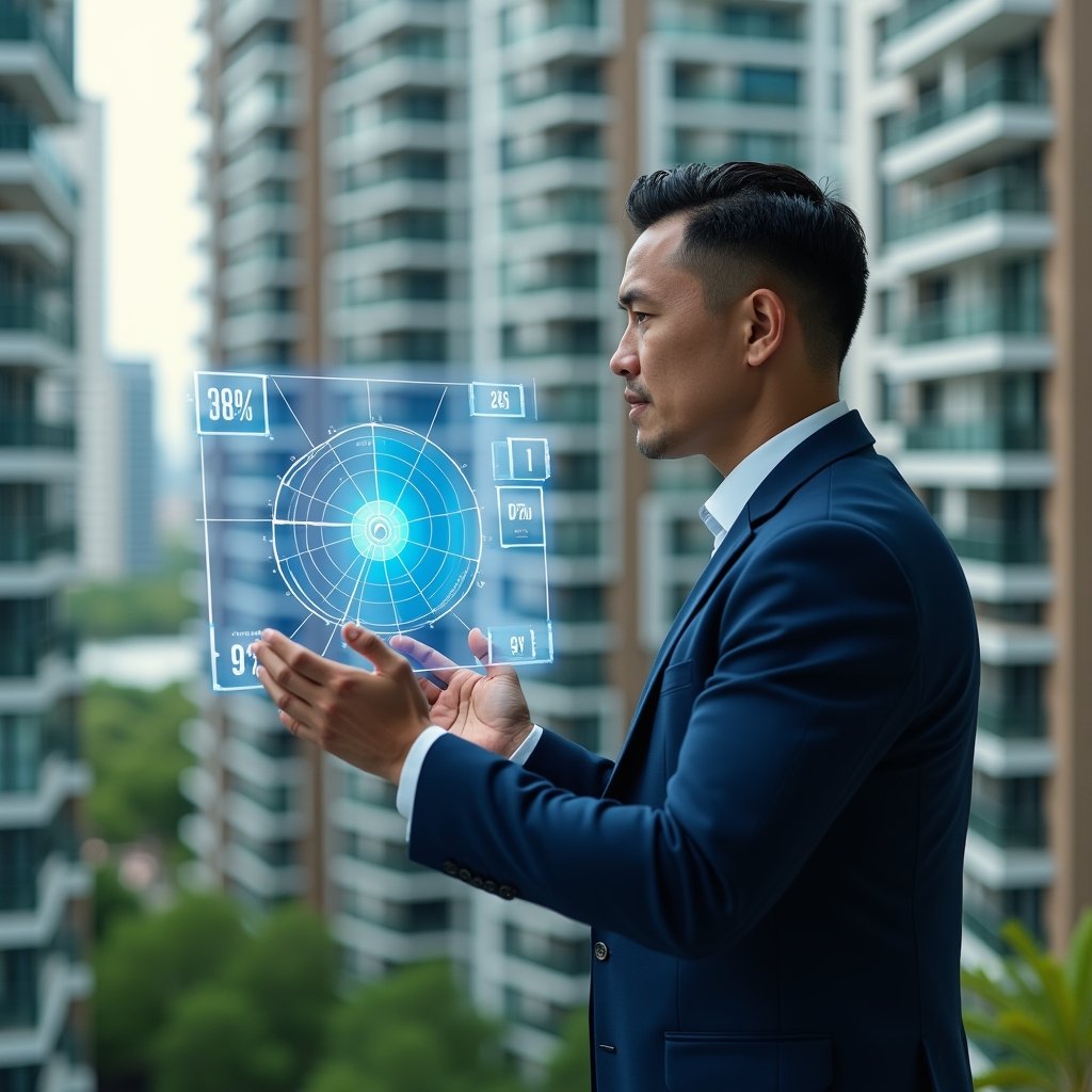 (Ultra-realistic condominium manager in a navy blue suit, set in a modern luxury condominium environment with high-rise buildings and green landscaping, examining a holographic pie chart representing unit share fractions, confident and analytical expression, digital hologram with percentages floating around, cinematic lighting, shallow depth of field, highly detailed textures, realistic skin, photographic realism, 8k resolution --ar 1:1 --v 6)
