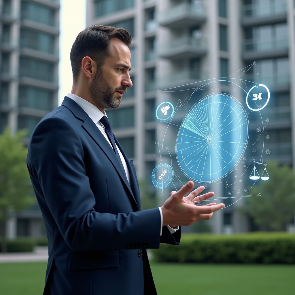Ultra-realistic condominium manager in a navy executive suit, set in a modern luxury condominium environment with high-rise buildings and green landscaping, analyzing a holographic pie chart representing ideal share fractions and its impact on fees, with floating currency and legal scales icons, cinematic lighting, shallow depth of field, highly detailed textures, realistic skin, photographic realism, 8k resolution --ar 1:1 --v 6