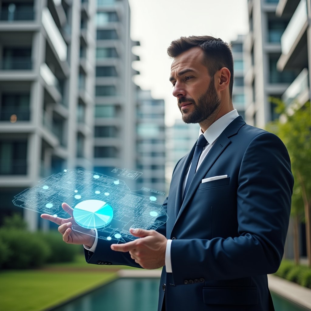 Ultra-realistic condominium property manager in a tailored navy suit, set in a modern luxury condominium environment with high-rise buildings and manicured green landscaping, analyzing a holographic floor plan with fractional percentage overlays and a floating pie chart symbolizing fair cost distribution, confident and focused expression, cinematic lighting, shallow depth of field, highly detailed textures, realistic skin, photographic realism, 8k resolution --ar 1:1 --v 6