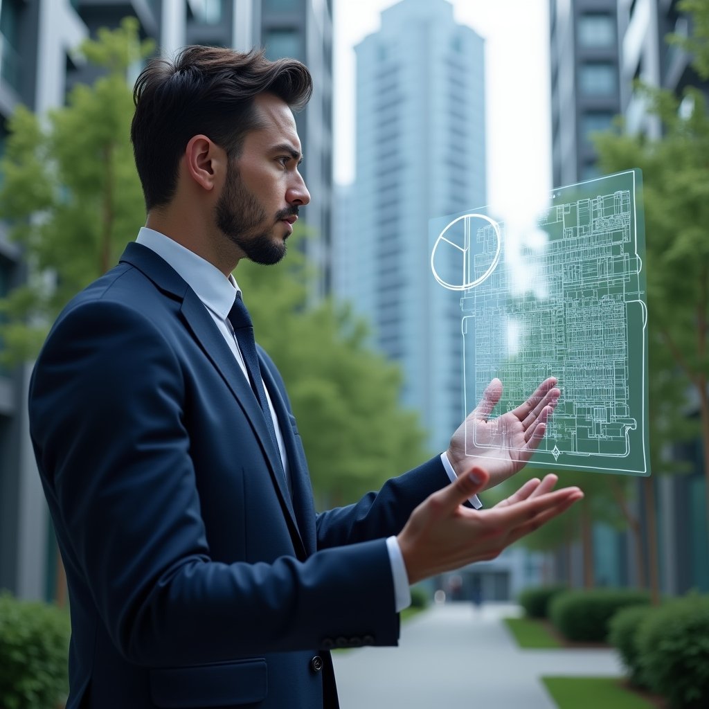 Ultra-realistic condominium manager in a navy-blue suit, set in a modern luxury condominium environment with high-rise buildings and lush green landscaping, thoughtfully analyzing a floating holographic pie chart of fractional ownership, overlaid with a translucent architectural blueprint of units, cinematic lighting, shallow depth of field, highly detailed textures, realistic skin, photographic realism, 8k resolution --ar 1:1 --v 6