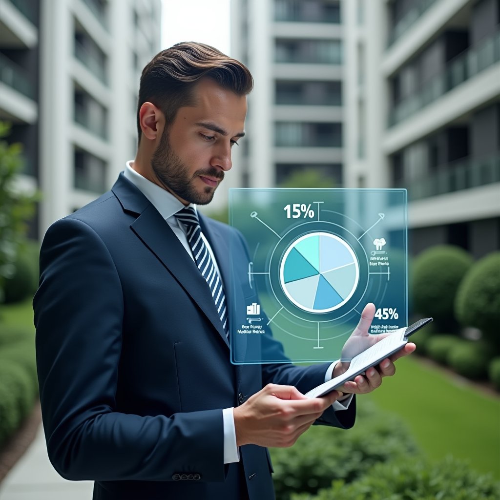 (Ultra-realistic condominium manager in a tailored navy suit, set in a modern luxury condominium environment with high-rise buildings and manicured green landscaping, mid shot as the manager confidently analyzes a holographic pie chart overlay showing fractional percentages next to a digital blueprint, symbolizing precise calculation and conflict resolution, cinematic lighting, shallow depth of field, highly detailed textures, realistic skin, photographic realism, 8k resolution --ar 1:1 --v 6)