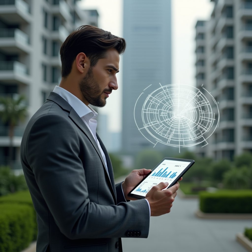 (Ultra-realistic condominium manager in a charcoal grey suit and crisp white shirt, set in a modern luxury condominium environment with high-rise buildings and green landscaping, thoughtfully examining a floating holographic pie chart of unit fractions while holding a digital tablet displaying building floor plans and percentage calculations, cinematic lighting, shallow depth of field, highly detailed textures, realistic skin, photographic realism, 8k resolution --ar 1:1 --v 6)