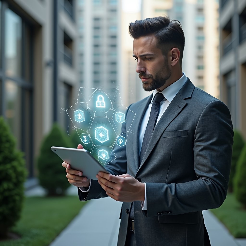 (Ultra-realistic property manager in a charcoal gray suit, set in a modern luxury condominium environment with high-rise buildings and manicured green landscaping, holding a tablet projecting holographic icons for communication, finance and security, confidently analyzing the digital interface, cinematic lighting, shallow depth of field, highly detailed textures, realistic skin, photographic realism, 8k resolution --ar 1:1 --v 6)