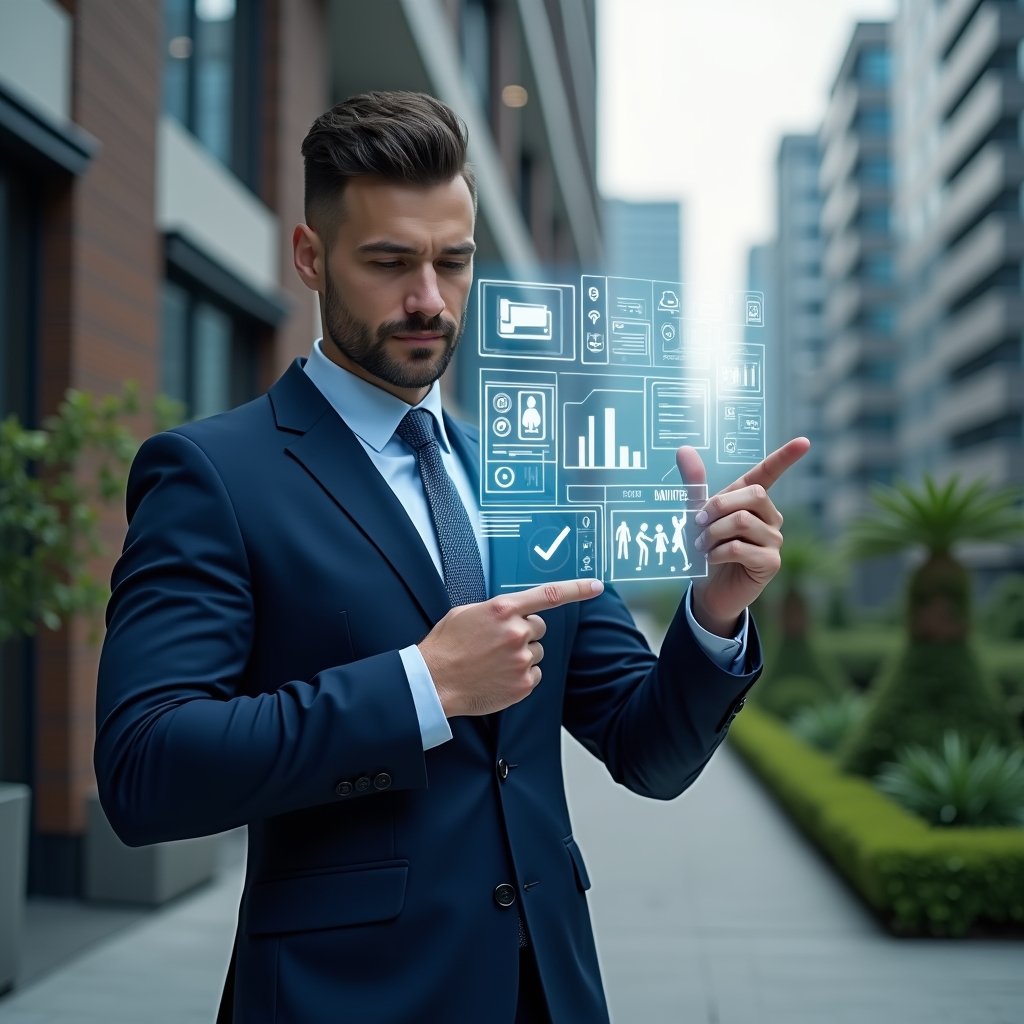 (Ultra-realistic condo manager in a navy blue tailored suit, set in a modern luxury condominium environment with high-rise buildings and manicured green landscaping, holding a holographic touchscreen interface displaying apartment reservations, financial charts, and maintenance requests, confidently pointing at floating icons representing key app functions, cinematic lighting, shallow depth of field, highly detailed textures, realistic skin, photographic realism, 8k resolution --ar 1:1 --v 6)