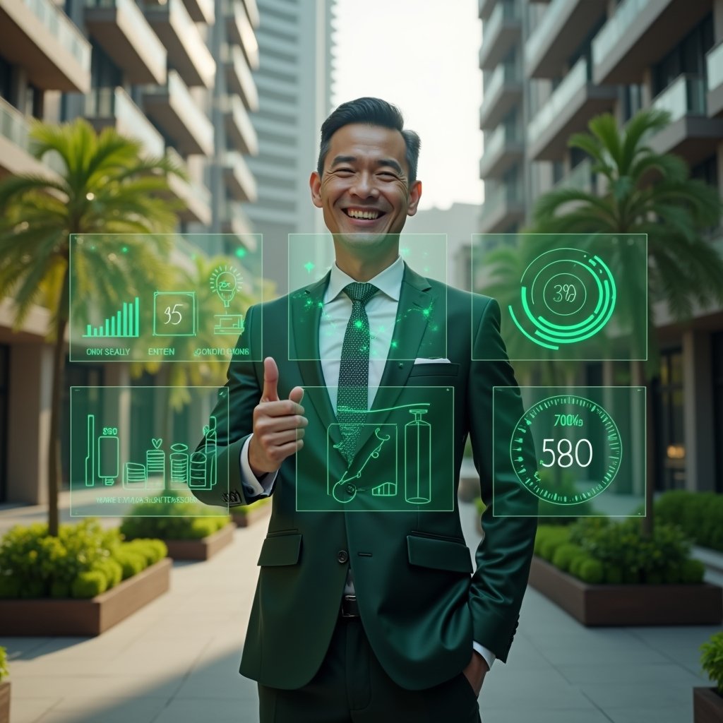 (Ultra-realistic condominium manager in a dark green tailored suit, set in a modern luxury condominium environment with high-rise buildings and meticulously landscaped gardens, standing in a medium shot with a confident smile while interacting with a floating holographic dashboard displaying green energy icons and cost–savings charts, cinematic lighting, shallow depth of field, highly detailed textures, realistic skin, photographic realism, 8k resolution --ar 1:1 --v 6)