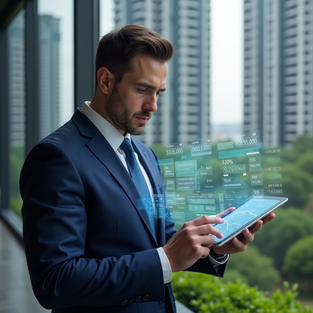 Ultra-realistic condominium manager in a navy blue suit, set in a modern luxury condominium environment with high-rise buildings and green landscaping, analyzing financial data on a digital tablet with holographic expense charts floating beside them, confident and focused expression, cinematic lighting, shallow depth of field, highly detailed textures, realistic skin, photographic realism, 8k resolution --ar 1:1 --v 6
