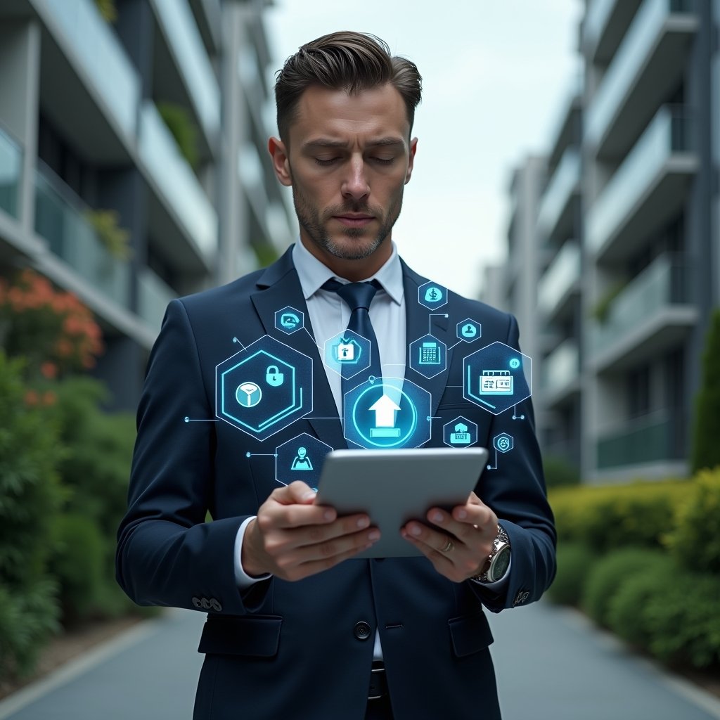 Ultra-realistic condominium manager in a tailored navy suit, set in a modern luxury condominium environment with high-rise buildings and manicured green landscaping, holding a digital tablet and interacting with floating holographic icons representing tasks, finances, and security, confident and focused expression, cinematic lighting, shallow depth of field, highly detailed textures, realistic skin, photographic realism, 8k resolution --ar 1:1 --v 6