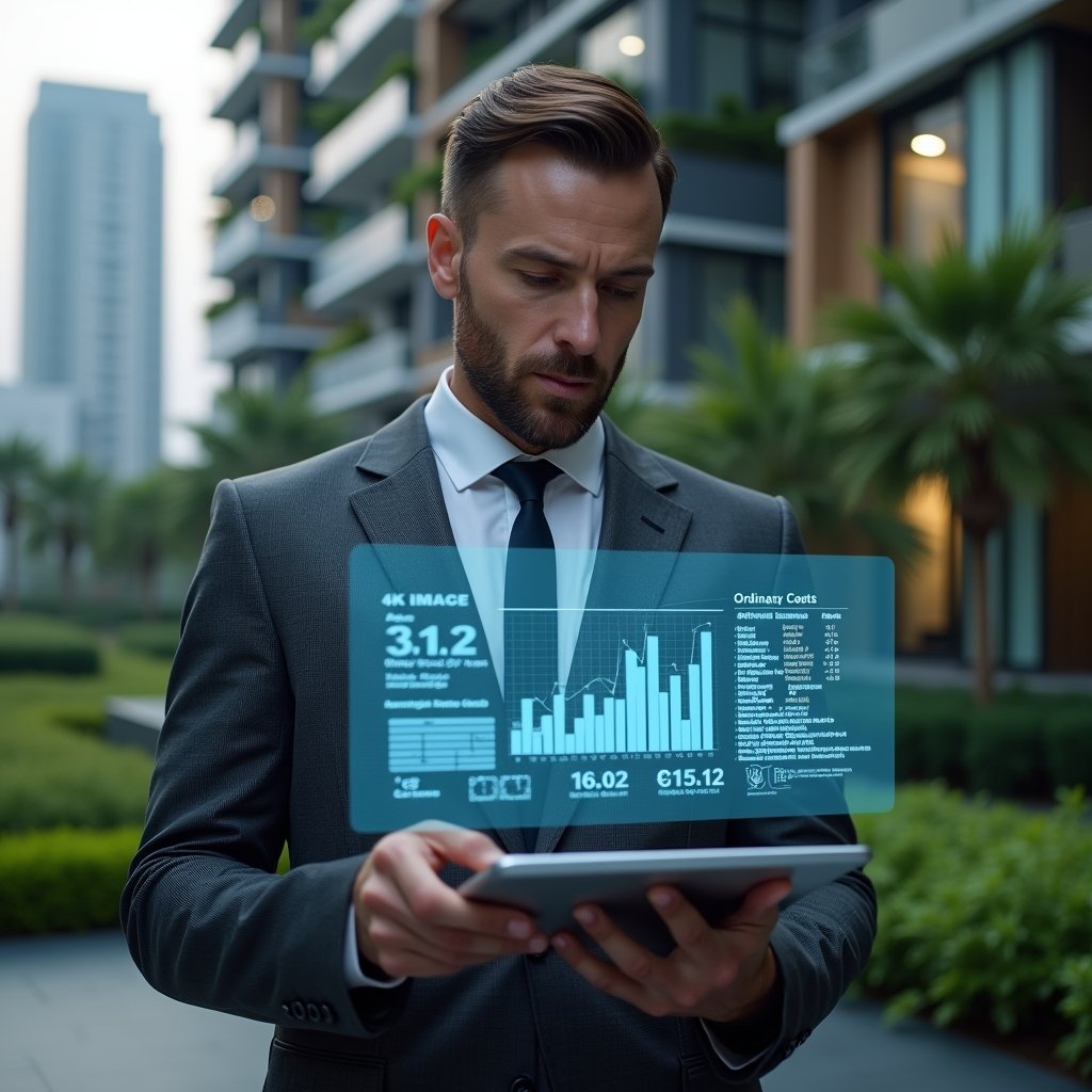 Ultra-realistic condominium manager in a charcoal gray suit, set in a modern luxury condominium environment with high-rise buildings and manicured green landscaping, analyzing a holographic financial report projected above a tablet with glowing expense charts and icons for ordinary and extraordinary costs, thoughtful and confident expression, cinematic lighting, shallow depth of field, highly detailed textures, realistic skin, photographic realism, 8k resolution --ar 1:1 --v 6