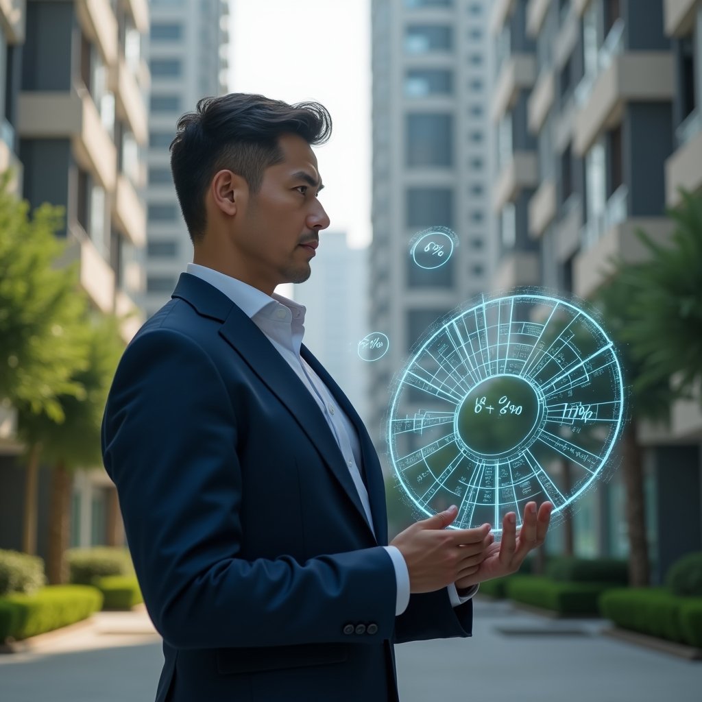 Ultra-realistic condominium manager in a navy blue suit, set in a modern luxury condominium environment with high-rise buildings and meticulously landscaped greenery, standing in a medium shot while examining a holographic pie chart of unit fractions and floor plans, thoughtful expression, holographic icons of percentage symbols floating around, cinematic lighting, shallow depth of field, highly detailed textures, realistic skin, photographic realism, 8k resolution --ar 1:1 --v 6