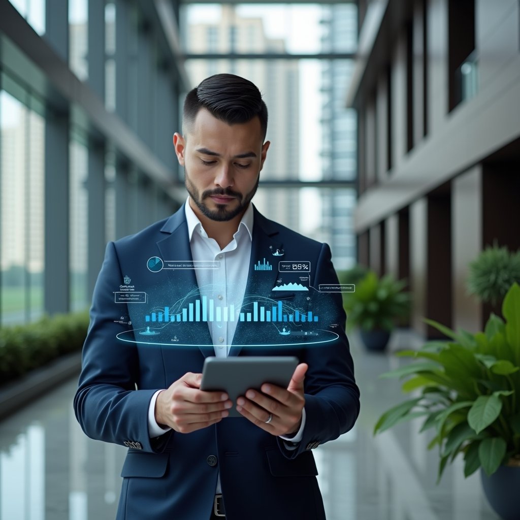Ultra-realistic condominium manager in a navy blue executive suit, set in a modern luxury condominium environment with high-rise buildings and manicured green landscaping, standing in a sleek lobby examining a digital tablet displaying a condominium management app interface, holographic charts and icons floating above the screen, confident and focused expression, cinematic lighting, shallow depth of field, highly detailed textures, realistic skin, photographic realism, 8k resolution --ar 1:1 --v 6
